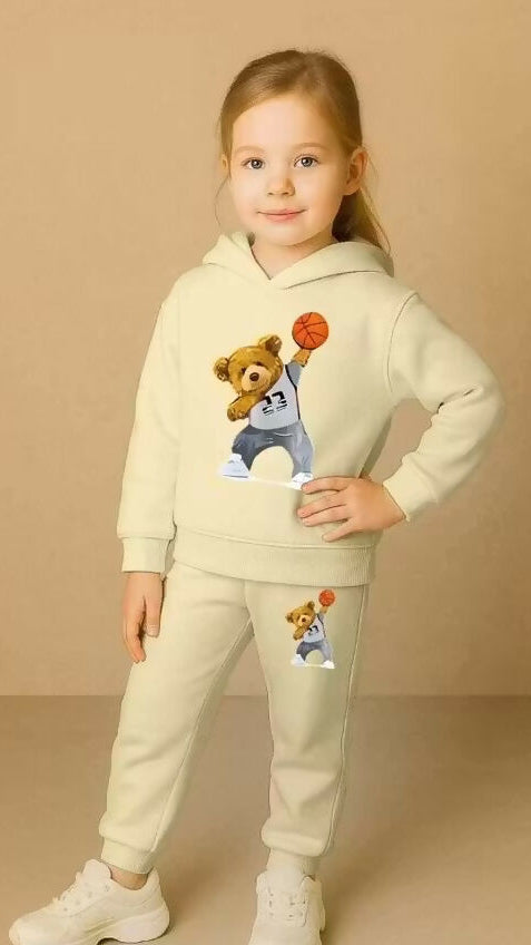 Kids Hooded Sweatshirt & Jogger Set – Basketball Bear Print Casual Wear (Cream) Luck Fashion