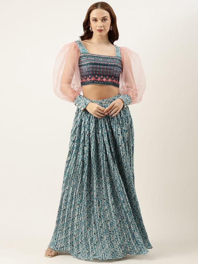 Bollywood Vogue Ready To Wear Cream N Blue Printed Chinon Skirt Set