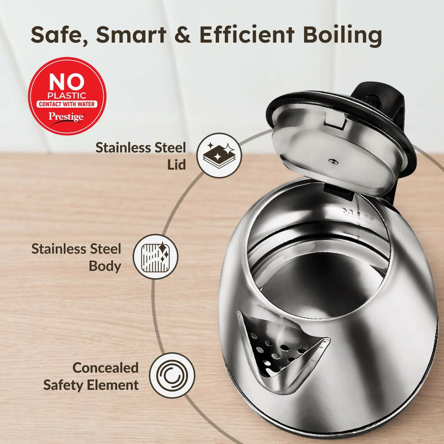 Prestige PKOSS 1.5 Electric Kettle Stainless Steel – 1.5 Litre Fast Boiling Kettle HalfPe - FW -TPT