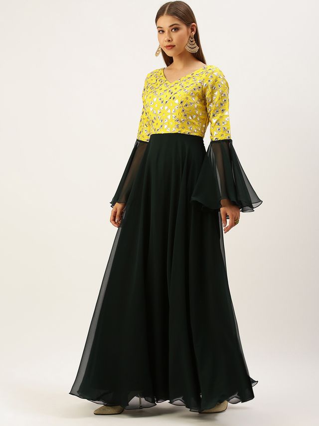 Bollywood Vogue Ready To Wear Yellow N Green Bell Sleeves Embroidered Gown