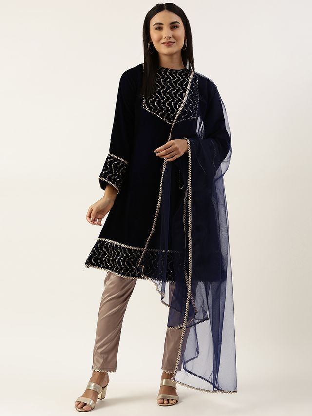 Bollywood Vogue Ready To Wear Blue Velvet Embroidered Straight Pant Suit