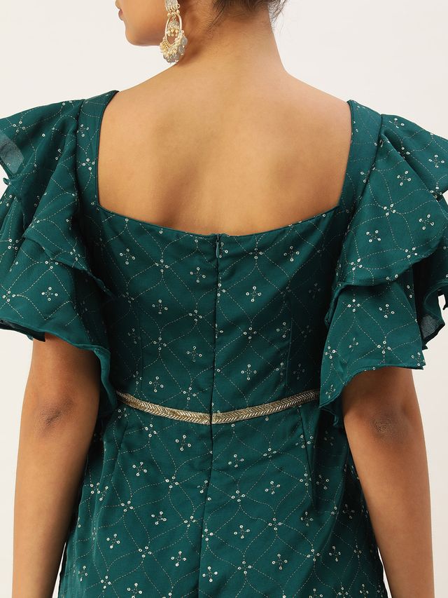 Bollywood Vogue Ready To Wear Teal Green Art Silk Foil Print Jumpsuit