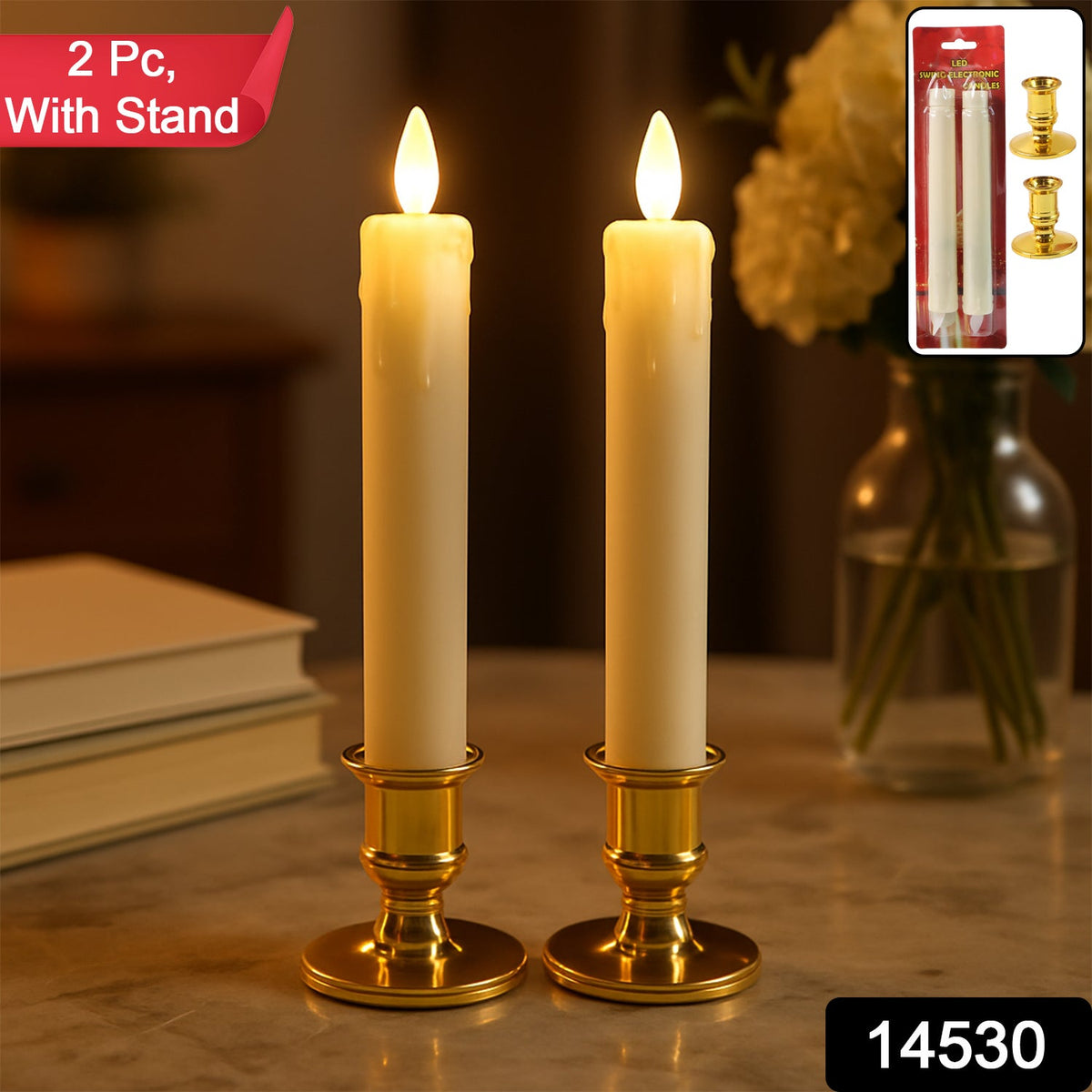Set of 2 LED Flameless Taper Candles – Realistic Flickering Electronic Candle Lights for Home Décor HP DD