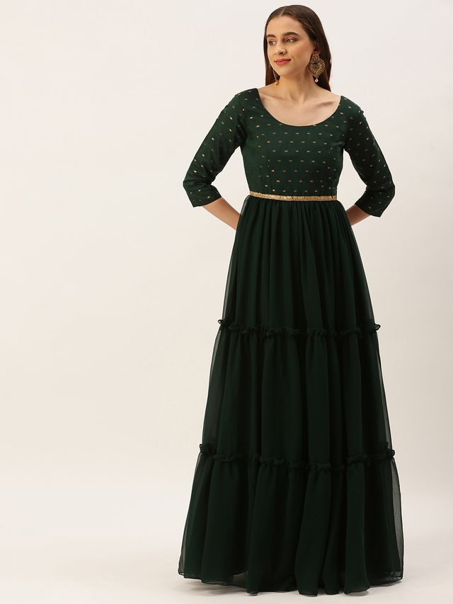 Bollywood Vogue Ready To Wear Teal Green Cotton Jacquard N Georgette Dress