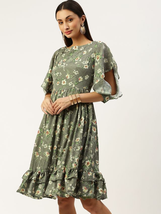 Bollywood Vogue Ready To Wear Mehndi Green Georgette Printed Dress