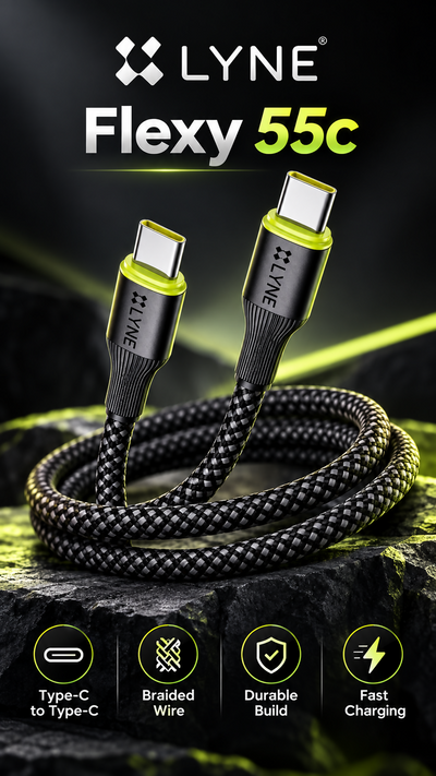 LYNE Flexy 55C Miracle 120W Type-C to Type-C Braided Fast Charging Data Cable – 1 Metre, Black