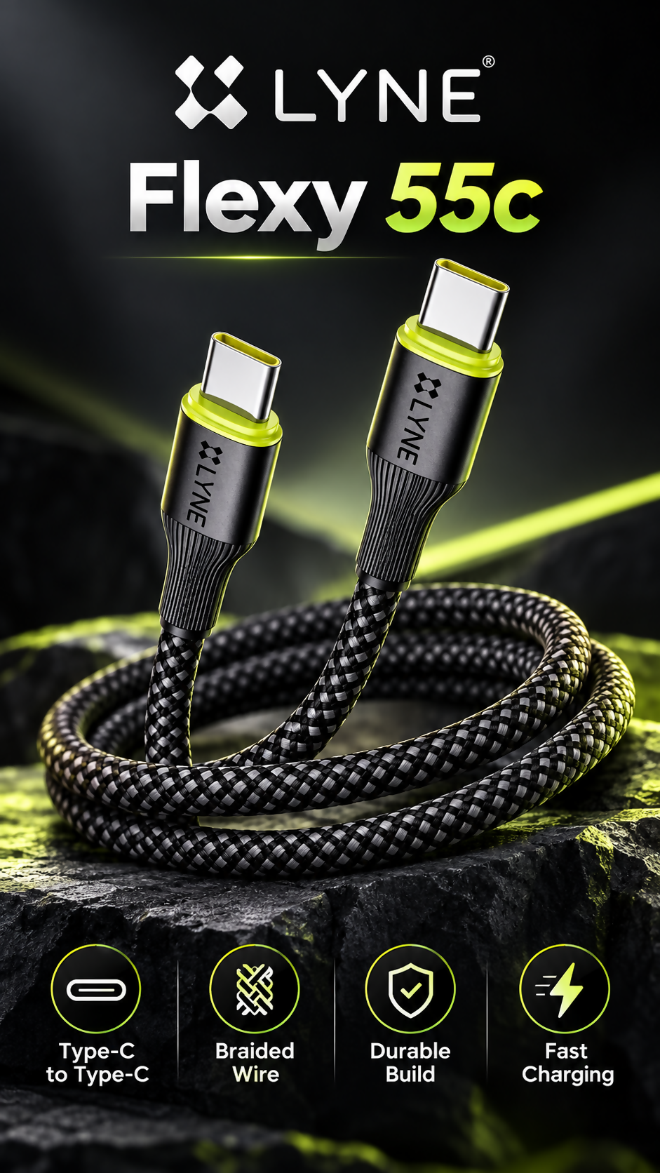 LYNE Flexy 55C Miracle 120W Type-C to Type-C Braided Fast Charging Data Cable – 1 Metre, Black