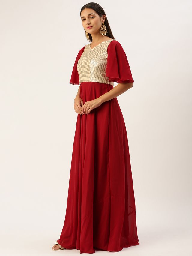 Bollywood Vogue Ready To Wear Maroon N Silver Sequins Embroidered Georgette Gown