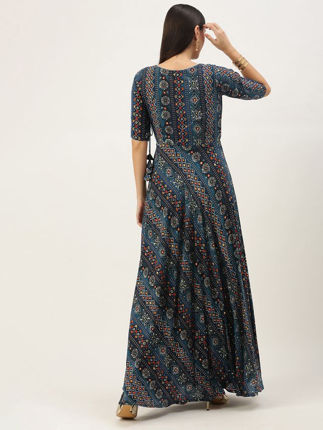 Bollywood Vogue Ready To Wear Dark Blue Printed Angarkha Gown