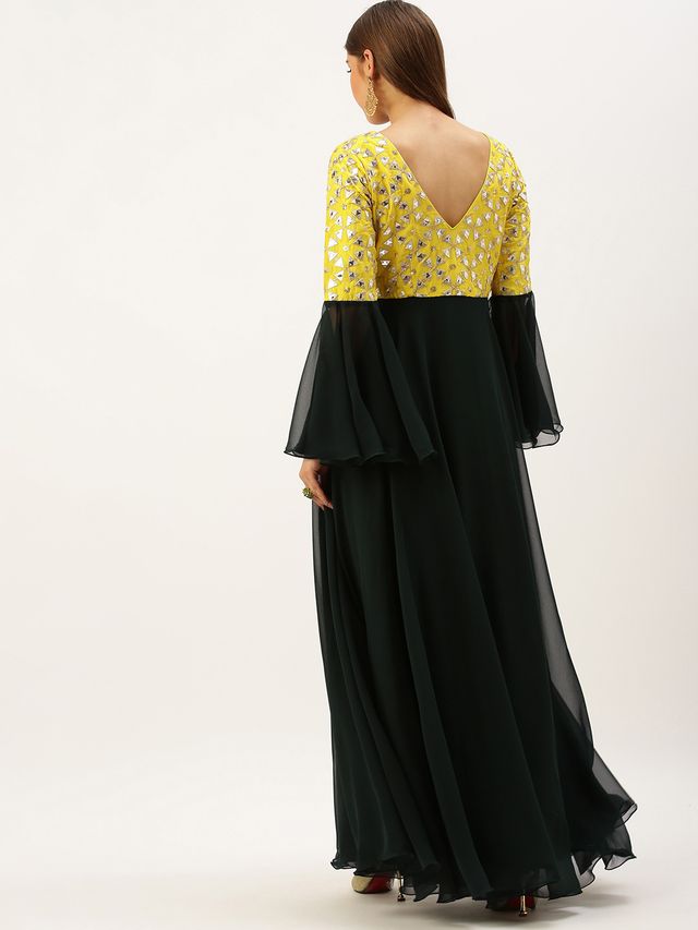 Bollywood Vogue Ready To Wear Yellow N Green Bell Sleeves Embroidered Gown