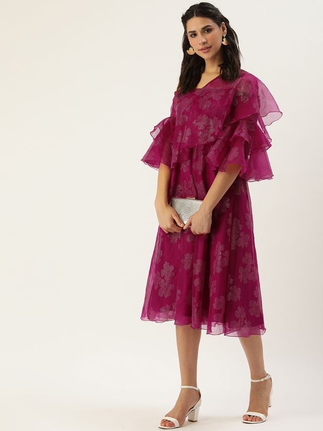 Bollywood Vogue Ready To Wear Pink Organza Foil Printed Dress