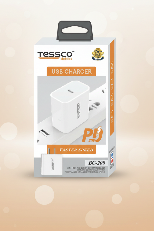 Tessco BC-208 A 20W PD Fast Charger with Type-C to Lightning Cable (White) KARTHIKEYA ELECTRONICS