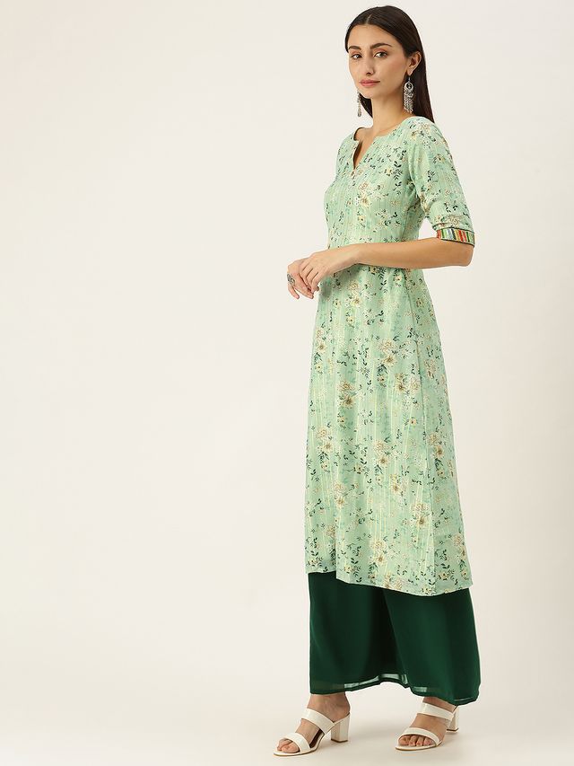 Bollywood Vogue Ready To Wear Green Muslin Printed Calf Length Kurta Set