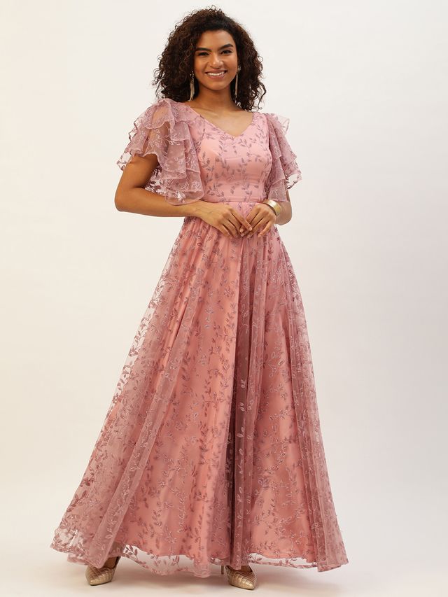 Bollywood Vogue Ready To Wear Pink Foil Printed Net Gown