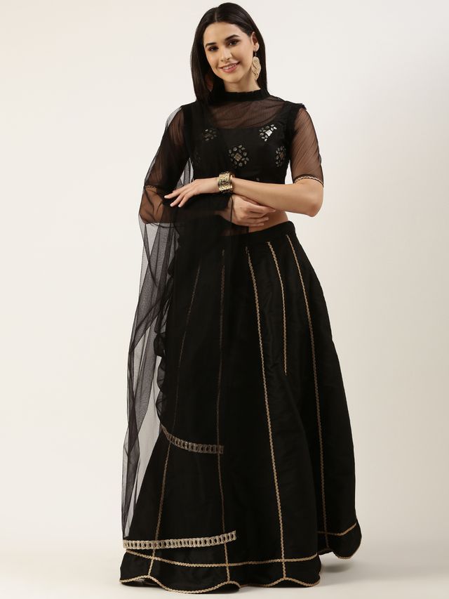 Bollywood Vogue Ready To Wear Black Embroidered Kali Lehenga Set