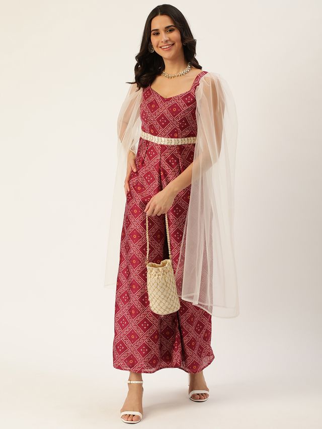 Bollywood Vogue Ready To Wear Pink Art Silk Digital Printed Jumpsuit