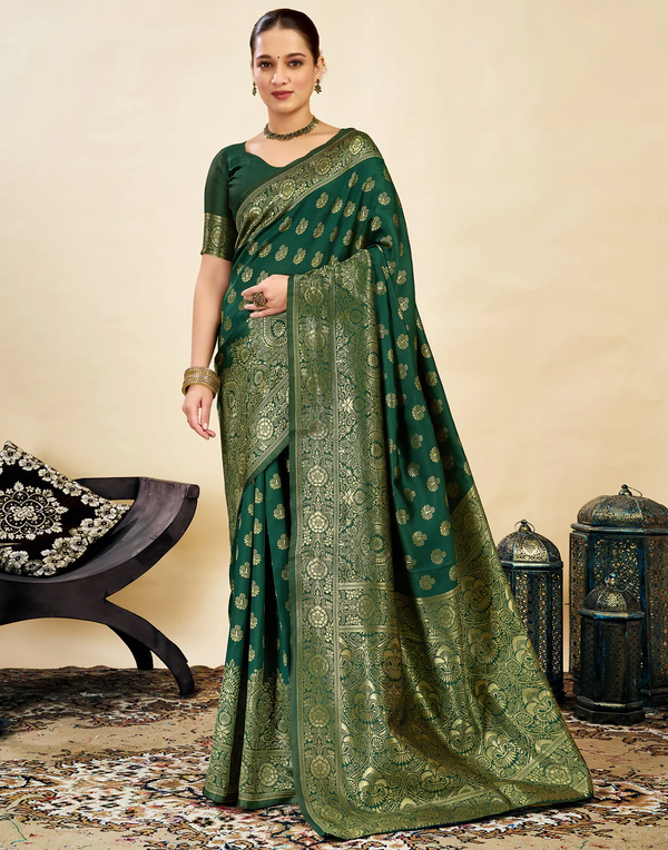Royal Emerald Jacquard Saree with Golden Zari Work & Heavy Brocade Border