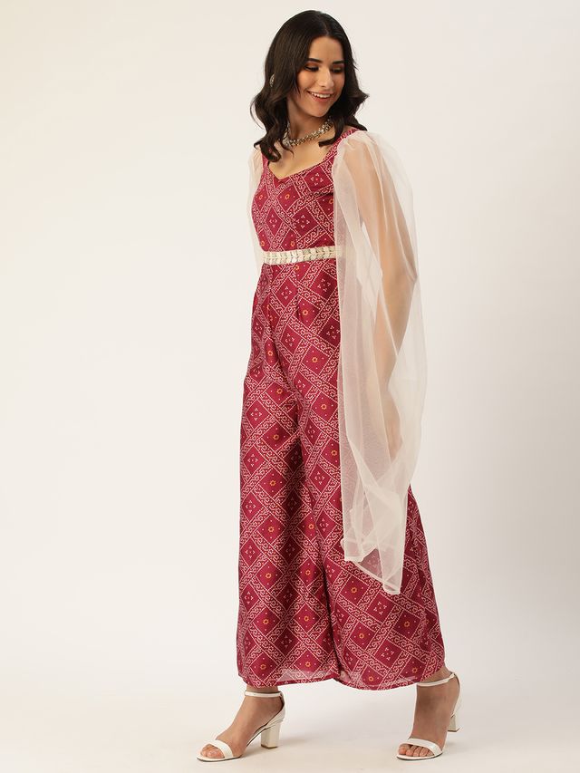 Bollywood Vogue Ready To Wear Pink Art Silk Digital Printed Jumpsuit