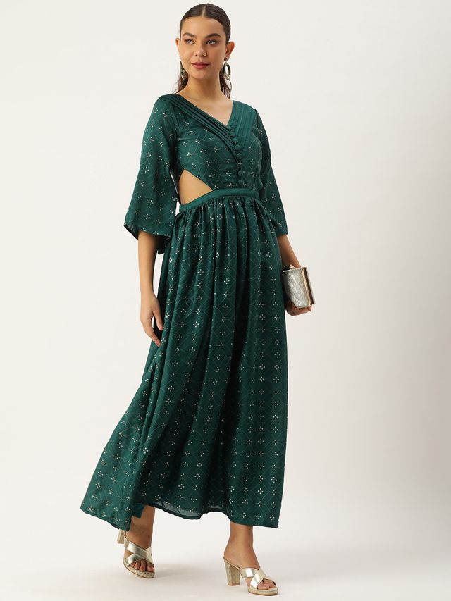 Bollywood Vogue Ready To Wear Teal Green Art Silk Foil Printed Maxi Dress