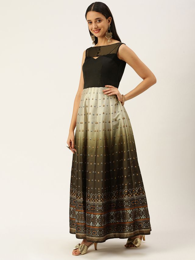 Bollywood Vogue Ready To Wear Black N Green Taffeta Printed Anarkali Suit