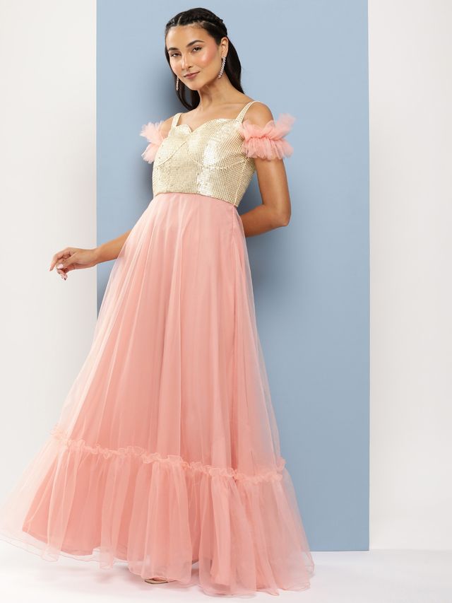 Bollywood Vogue Ready To Wear Silver Embroidered N Pink Corset Style Gown
