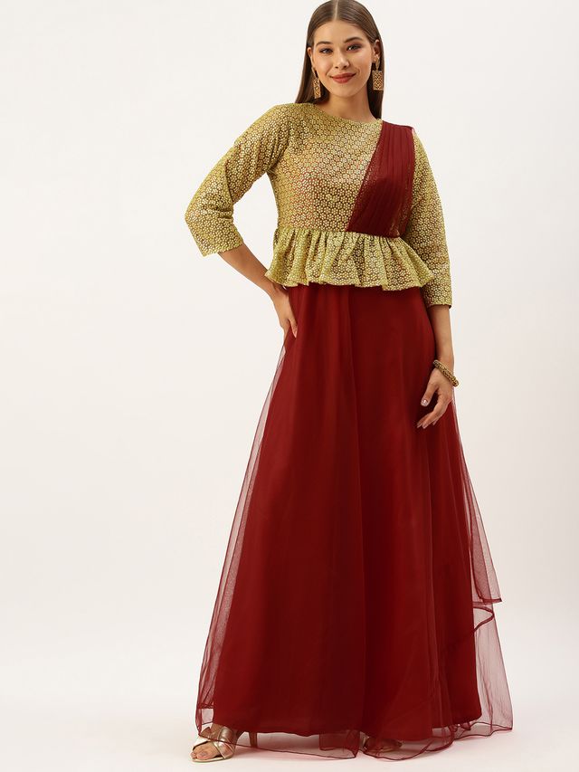 Bollywood Vogue Ready To Wear Gold N Red Embroidered Net Layered Gown