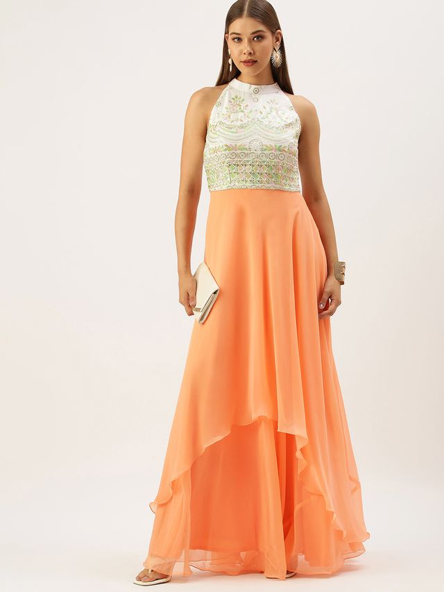 Bollywood Vogue Ready To Wear White Embroidered N Light Peach Layered Gown