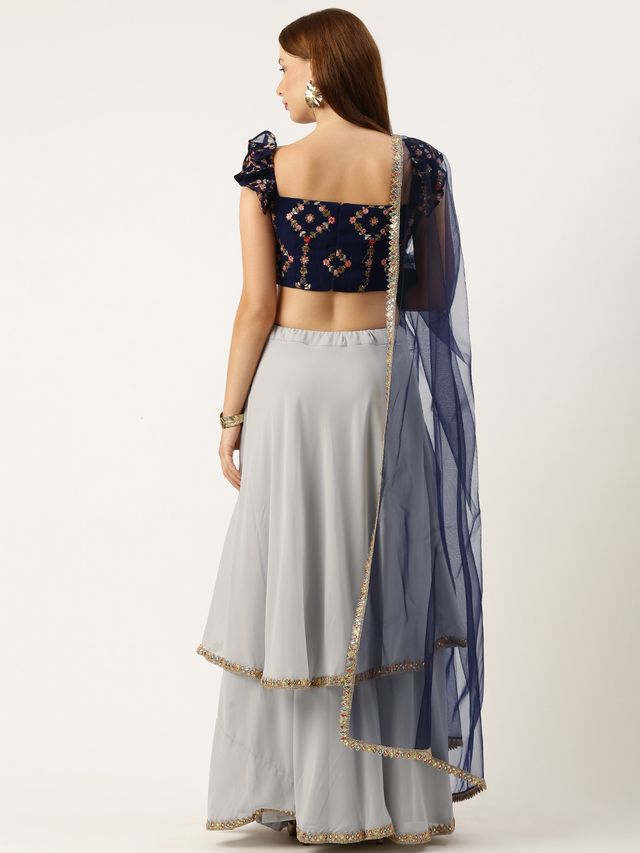 Bollywood Vogue Ready To Wear Silver N Royal Blue Georgette Embroidered Lehenga