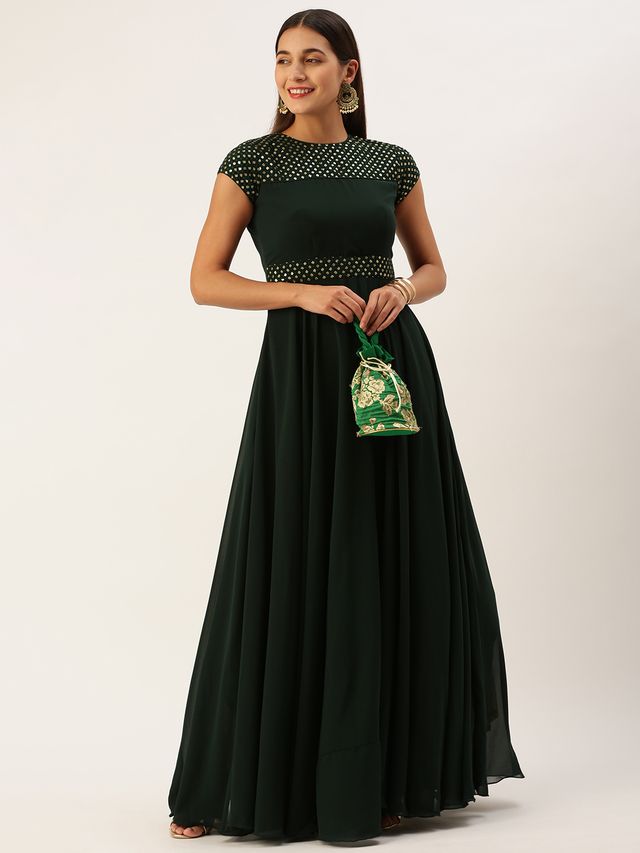 Bollywood Vogue Ready To Wear Green Georgette Embroidered Flared Gown