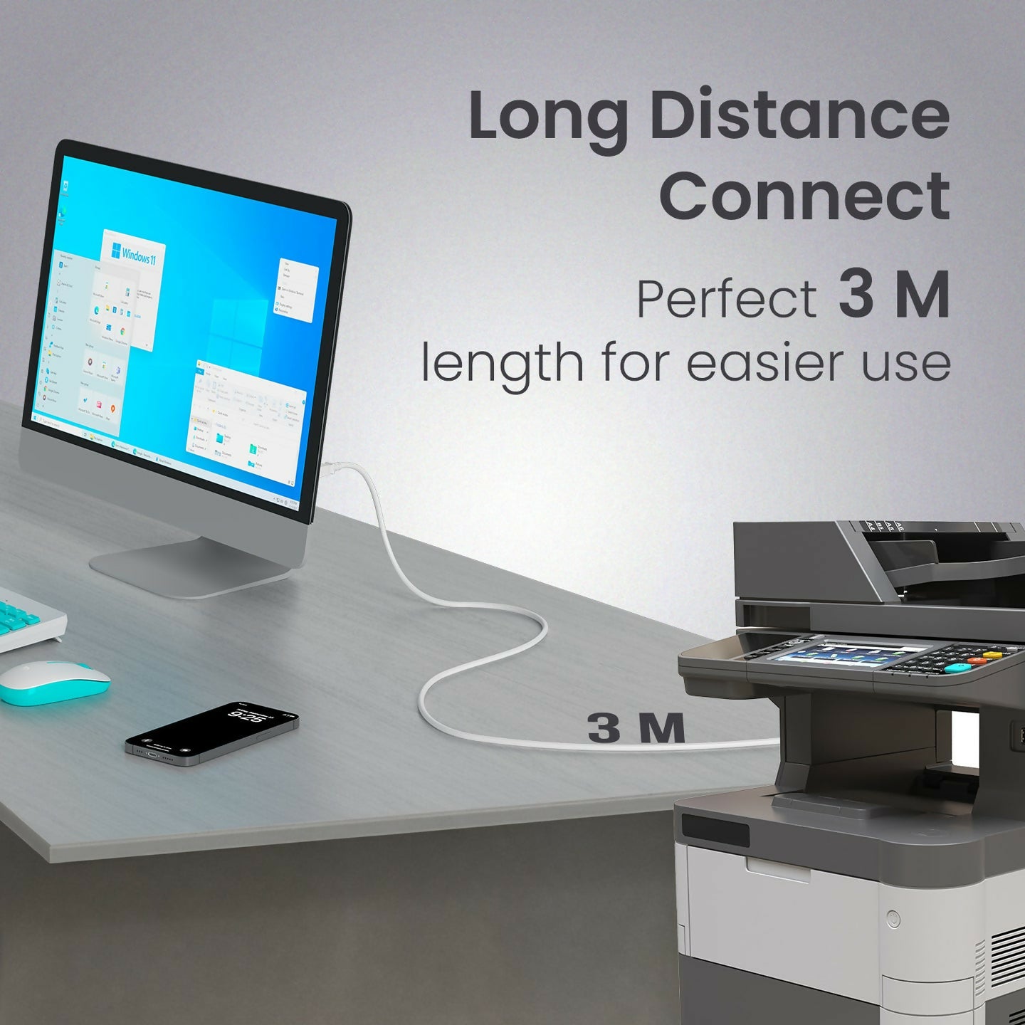 Portronics Printlink 3 USB A to USB B Printer Cable – 3 Meter High-Speed USB Cable for Printers & Compatible Devices - White