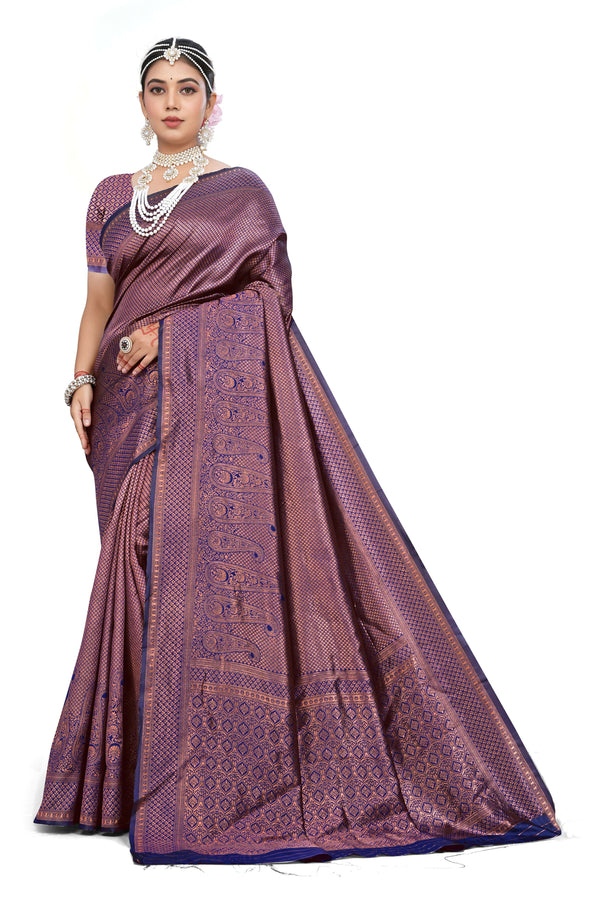 AXONIT Royal Purple Banarasi Silk Saree with Traditional Paisley Zari