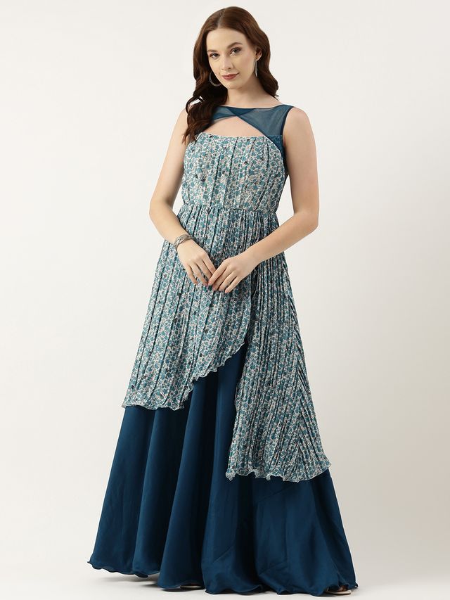 Bollywood Vogue Ready To Wear Cream N Blue Chinon Printed Maxi Dress