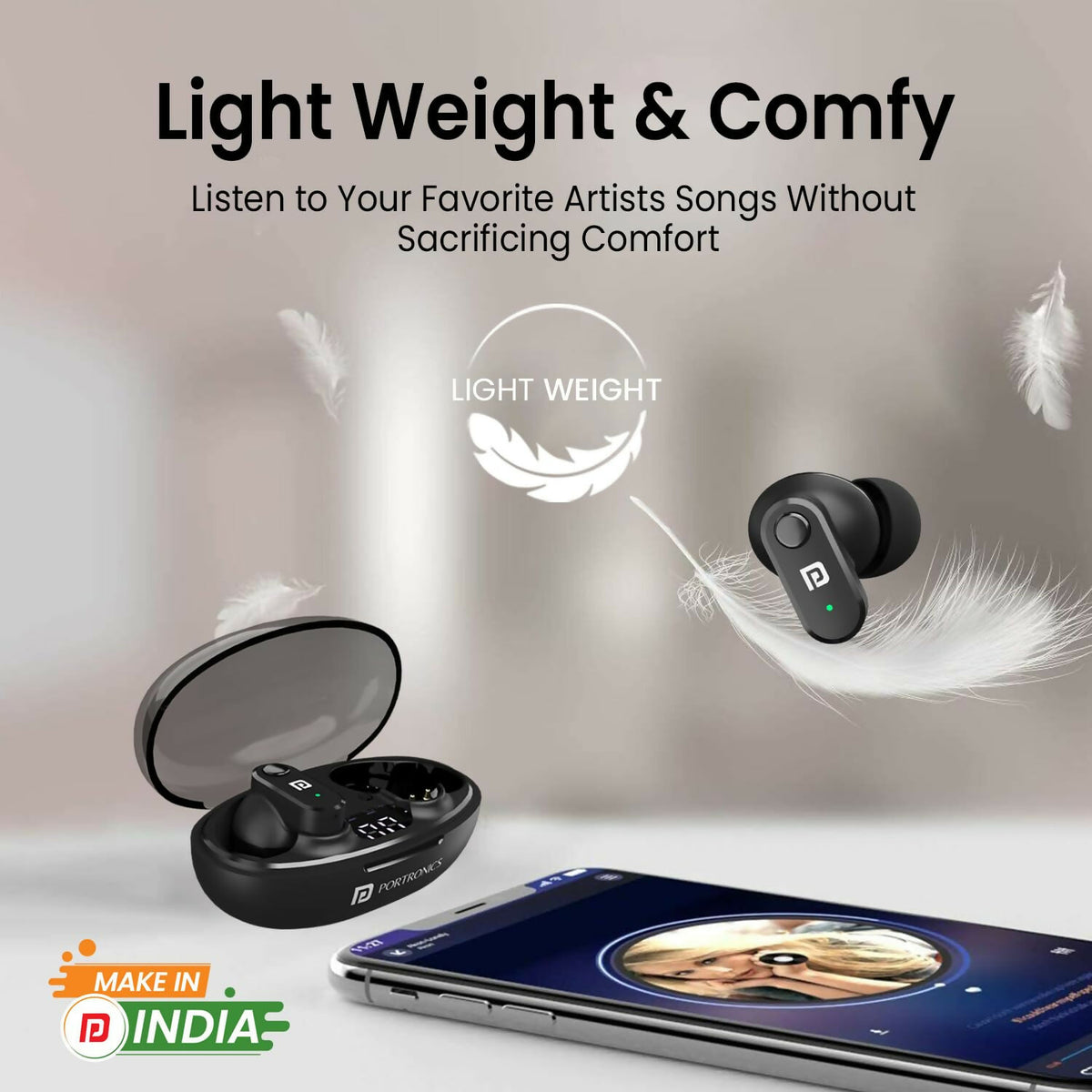 Portronics Harmonics S16 TWS Wireless Earbuds with 24H Playtime, Bluetooth 5.3, Gaming Mode & LED Display – Black