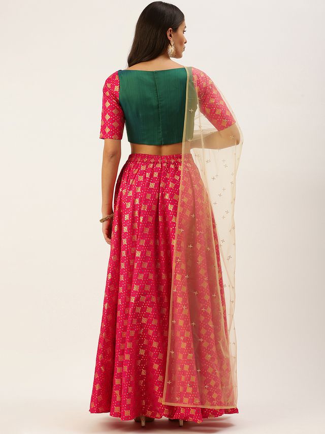 Bollywood Vogue Ready To Wear Red Jacquard N Green Zero Shoulder Lehenga Set