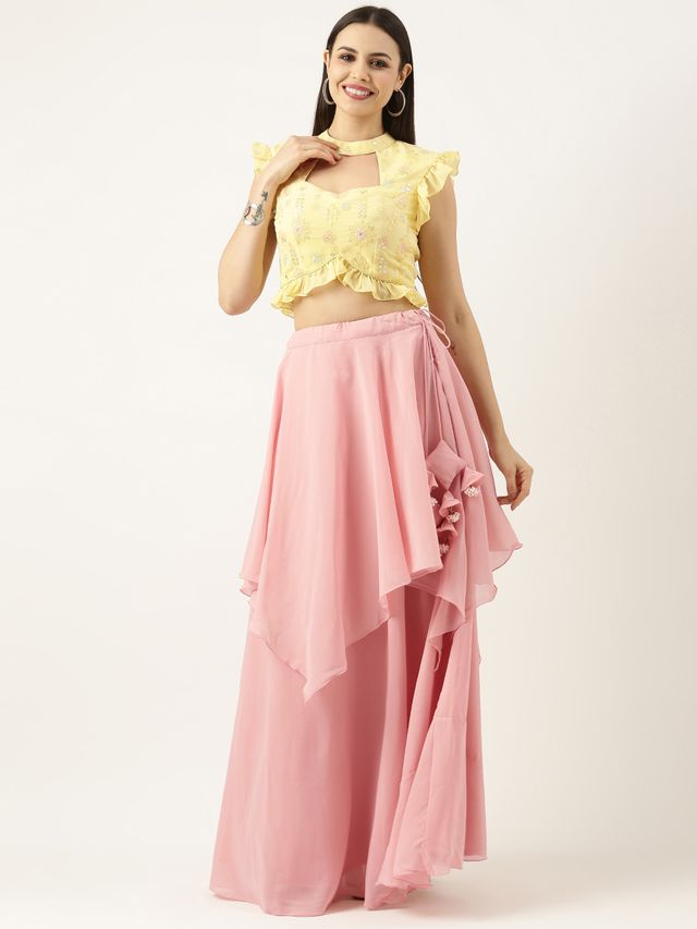 Bollywood Vogue Ready To Wear Yellow Georgette Embroidered Pink Lehenga Set