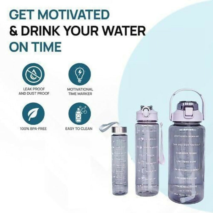 Transparent Motivational Time Marker Water Bottle Set of 3 with Leakproof Lid