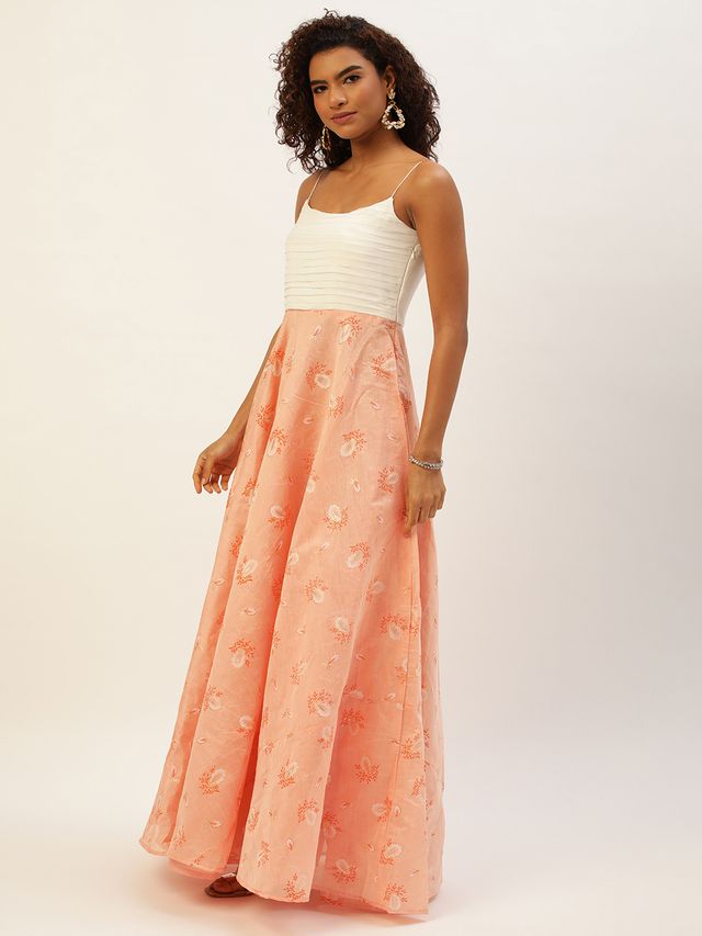 Bollywood Vogue Ready To Wear Off White N Peach Foil Printed Gown