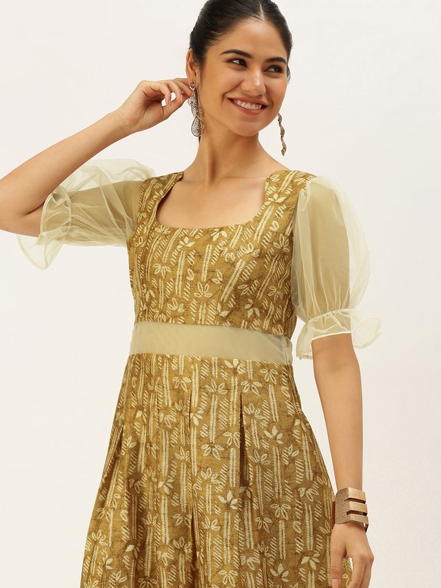 Bollywood Vogue Ready To Wear Green Printed Art Silk Dress