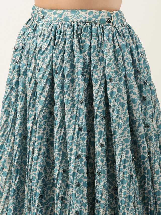 Bollywood Vogue Ready To Wear Cream and Blue Printed N Embroidered Skirt Set