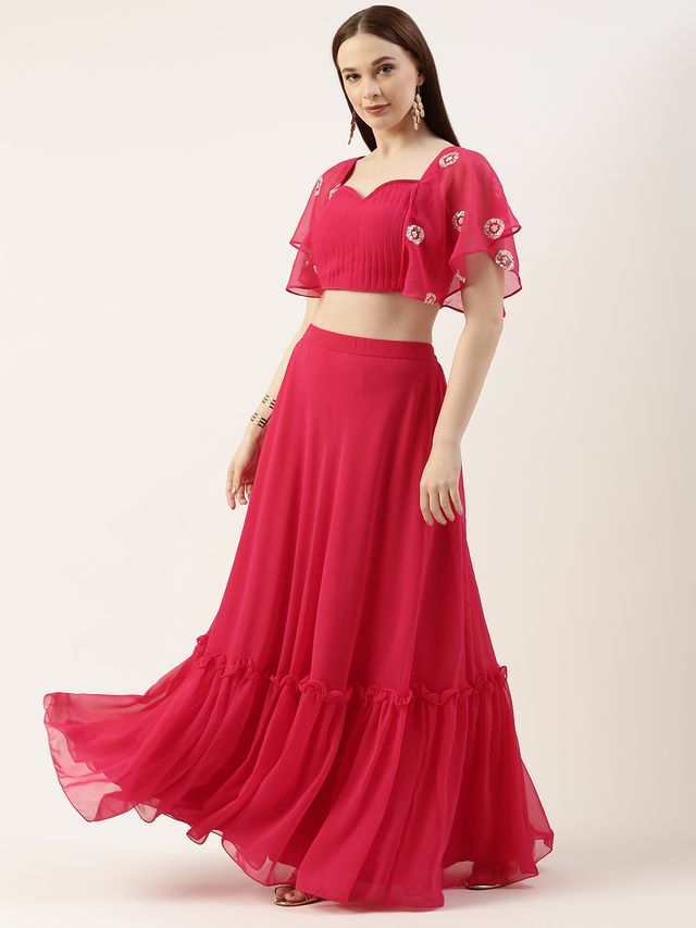 Bollywood Vogue Ready To Wear Hot Pink Georgette Embroidered Crop Top Skirt Set