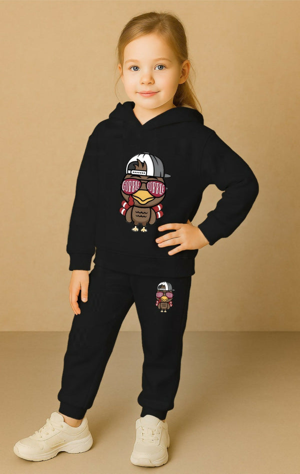 Girls' Black Cotton Blend Hoodie & Jogger Set – Cool Bird Graphic Tracksuit (Ages 0 Months to 7 Years) Luck Fashion