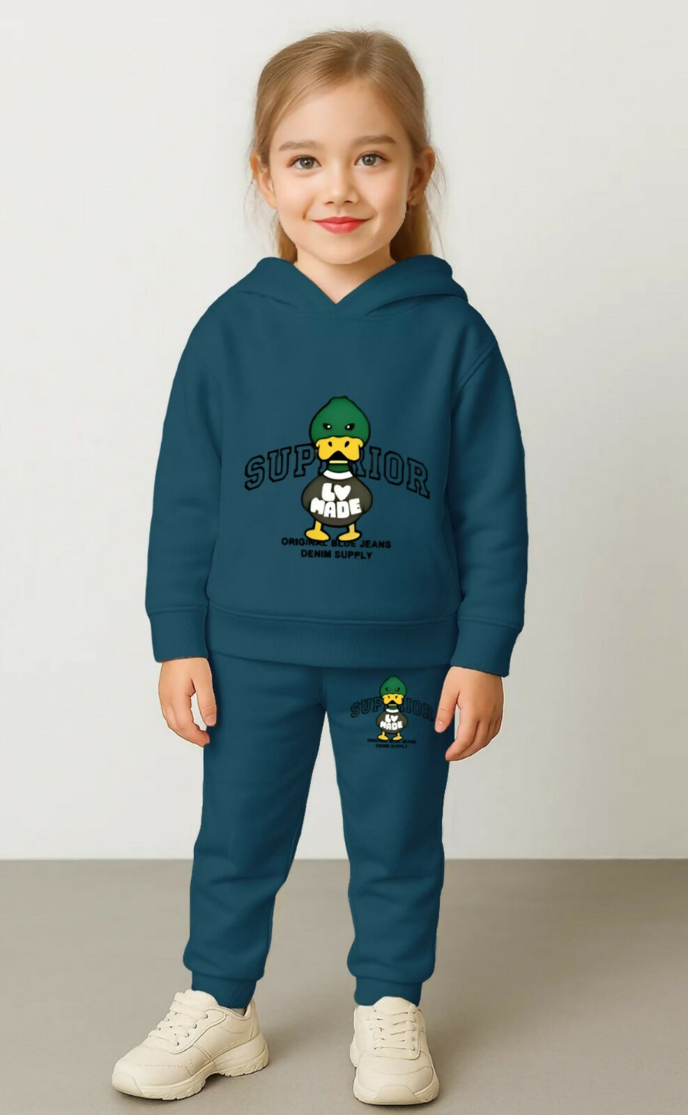 Girls' Teal Blue Cotton Blend hoodie-and-jogger set featuring a cute cartoon duck wearing a green cap Sweatshirt & Joggers (Ages 0 Months to 7 Years) Luck Fashion