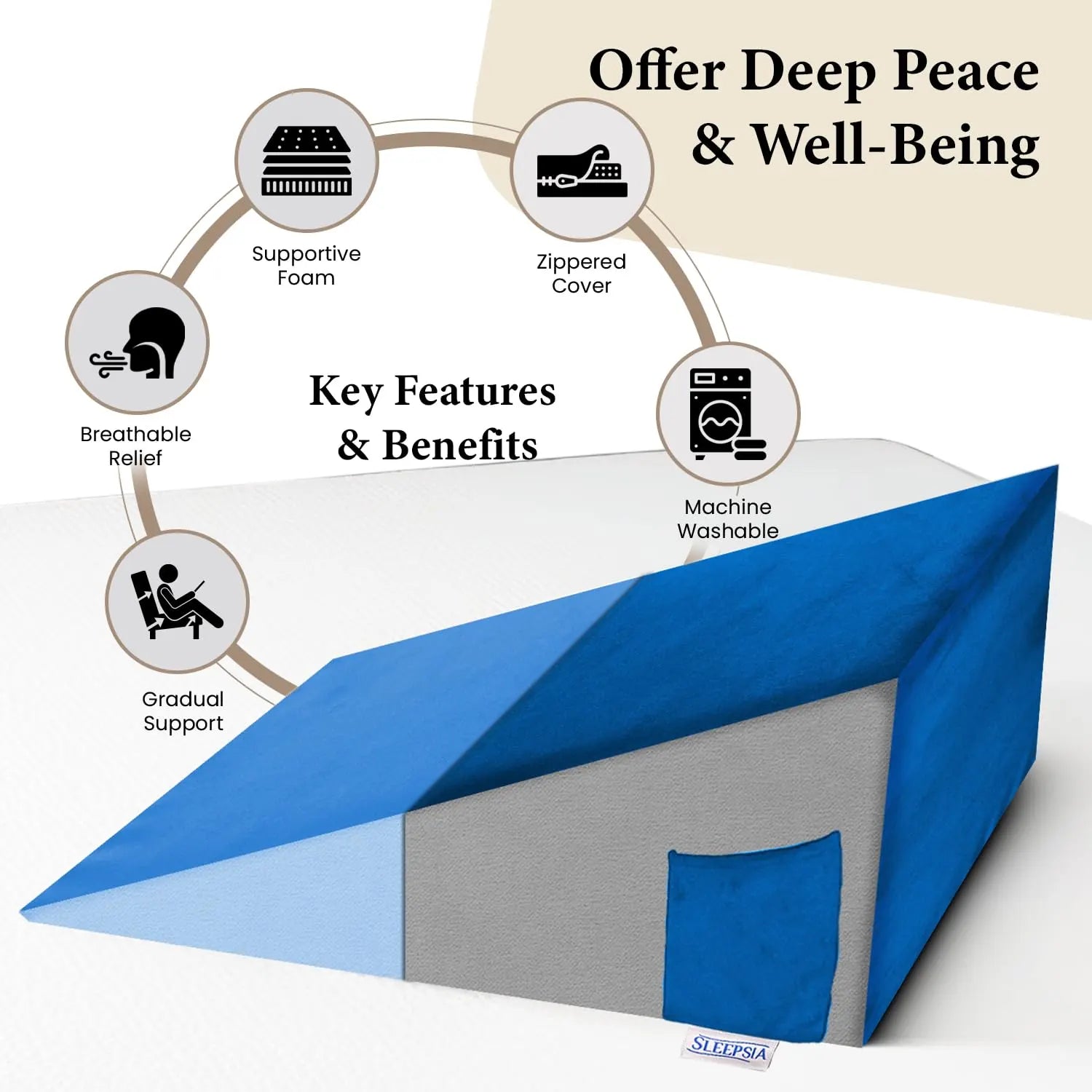 Sleepsia Wedge Pillow for Sleeping | Back Support Orthopedic Memory Foam Wedge Cushion | Back & Leg Support- Grey/Blue