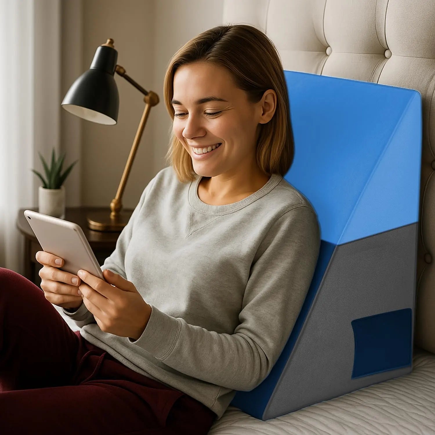 Sleepsia Wedge Pillow for Sleeping | Back Support Orthopedic Memory Foam Wedge Cushion | Back & Leg Support- Grey/Blue