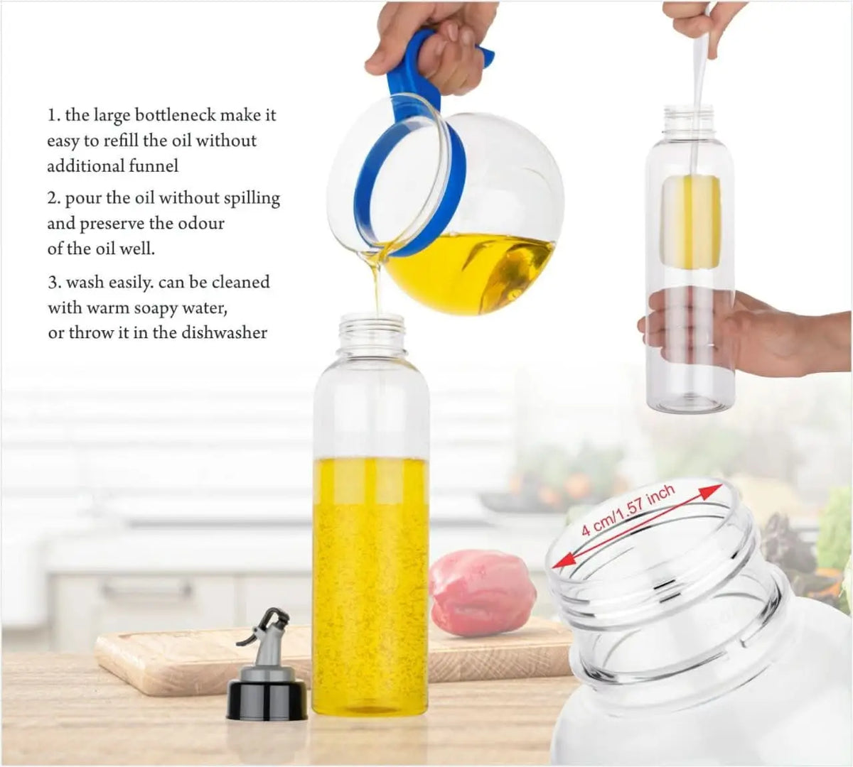 1ltr Oil Dispenserwith Lid - Clear Drip Free Spout Controlled Use HP DD