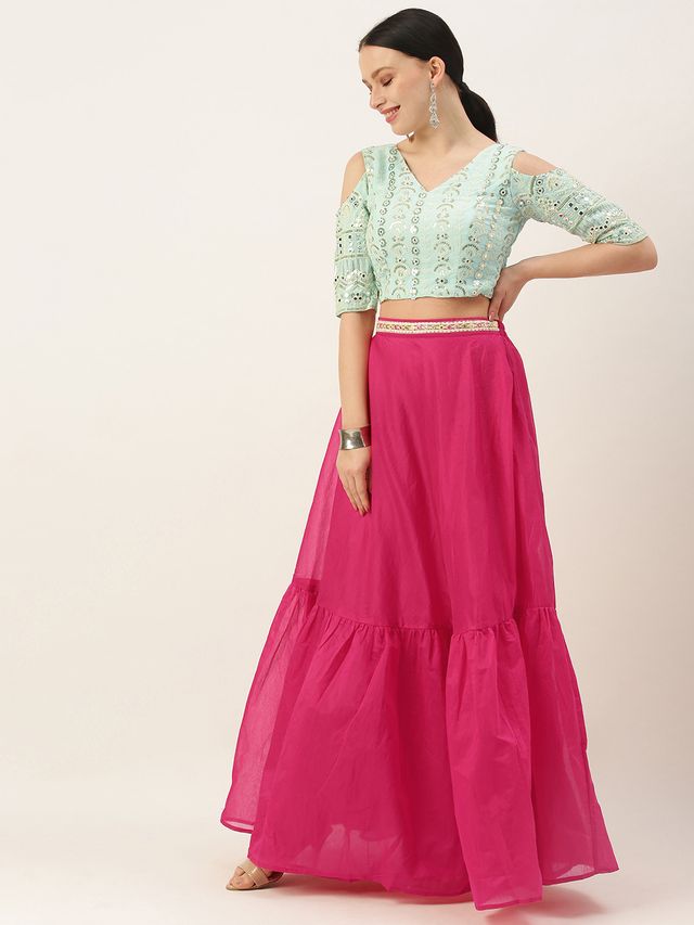 Bollywood Vogue Ready To Wear Blue Georgette Embroidered Blouse N Pink Skirt