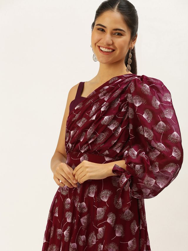 Bollywood Vogue Ready To Wear Maroon Foil Printed Maxi Dress