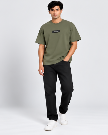 HUSTLE Essentials Men's Crew Neck Oversized T-Shirt – Slightly Greenish Olive(Oversized size)