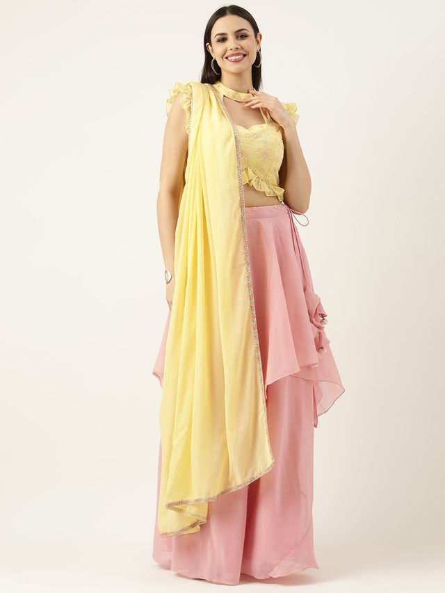 Bollywood Vogue Ready To Wear Yellow Georgette Embroidered Pink Lehenga Set
