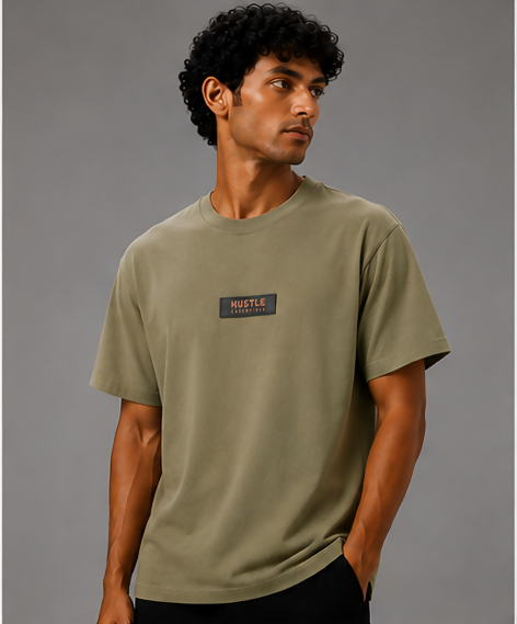 HUSTLE Men's Oversized Fit Crew Neck T-Shirt – Olive Khaki(Oversized fit)